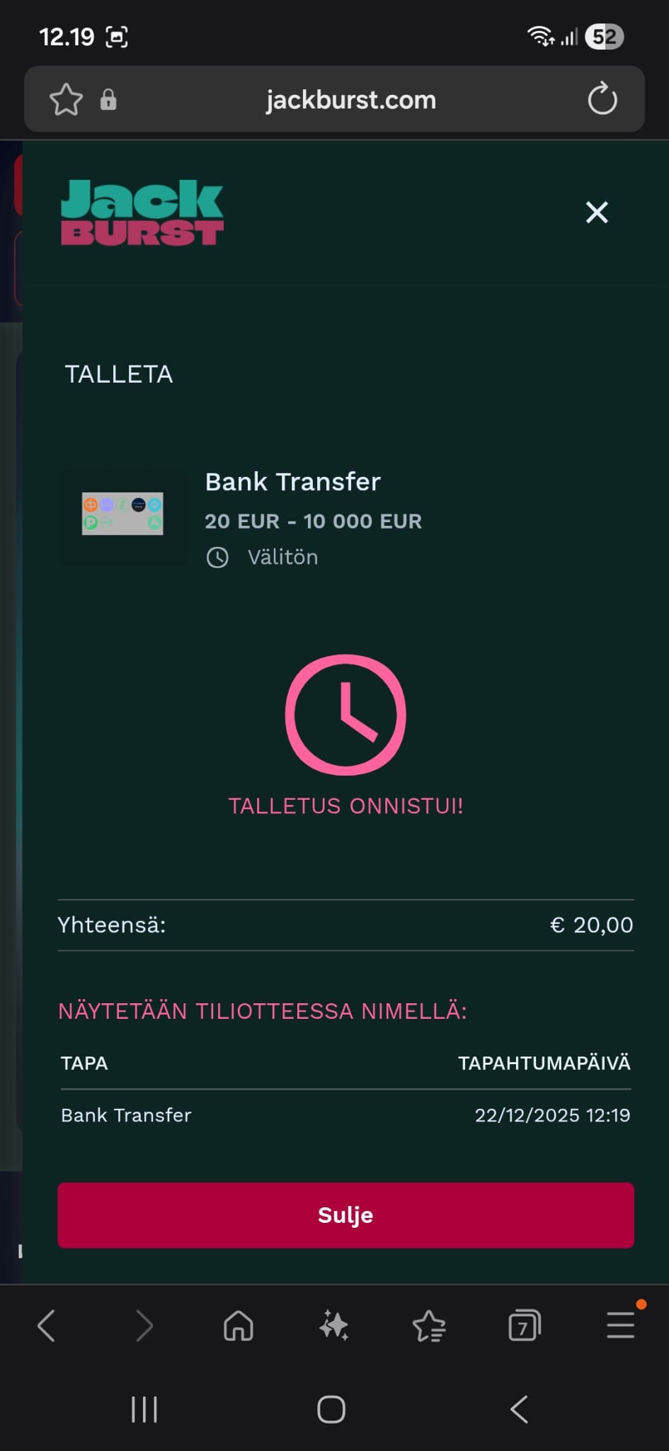 Talletus singahtaa tilille välittömästi