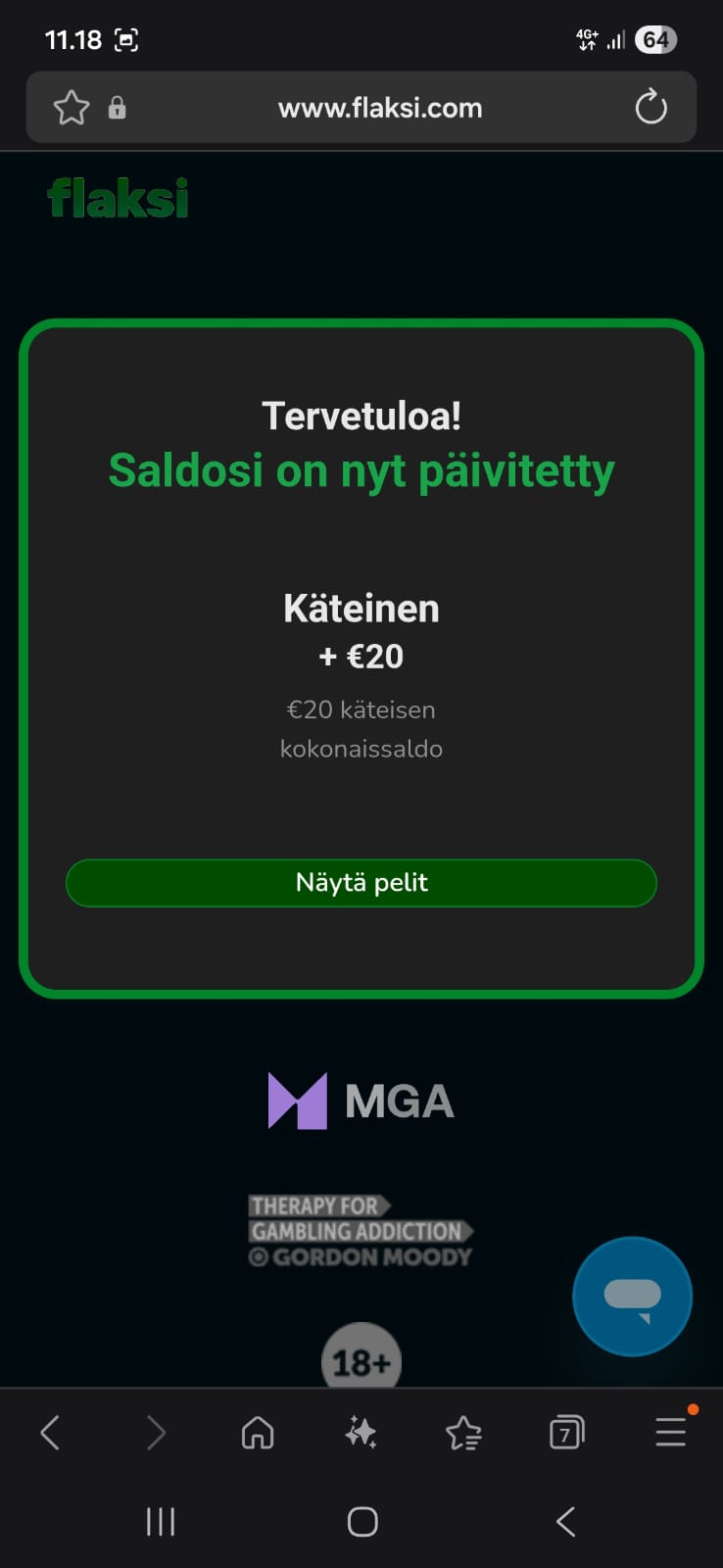 Talletimme 20 euroa Flaksille